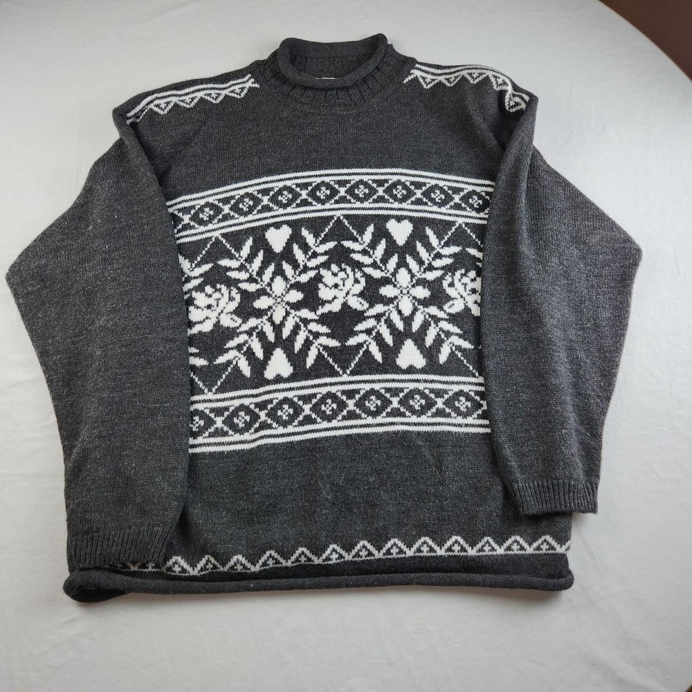 Norton McNaughton Vintage 80s Floral Fair Isle Rolled Neck Sweater Black White L